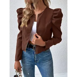 Solid Color Zip Puffer Jacket, Elegant Cropped Jacket for Spring and Autumn, Women’s Clothing, Women’s Coats