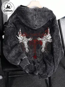 Men's Zipper Front Cardigan Hoodie with Graphic Print, Casual Fashion Sweatshirt, Casual Cross Thorn & Star Pattern Cotton Sweatshirt for Spring & Fall, Stylish Everyday Outerwear