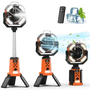 4-in-1 wireless camping wind, with spray function, 20000 mAh rechargeable battery, equipped with LED light and 270° rotation function, remote-controlled rotating desktop fan, suitable for camping tents, travel bedrooms and portable motors.