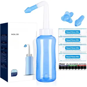 Neti Pot Sinus Rinse Bottle,Nasal Wash Bottle,Sinus Rinsing Cleaner Pressure Rinse Nasal Irrigation with Sticker Thermometer for Adult & Kid (300ml with 40 Nasal Wash Salt Packets) Organiser Canister
