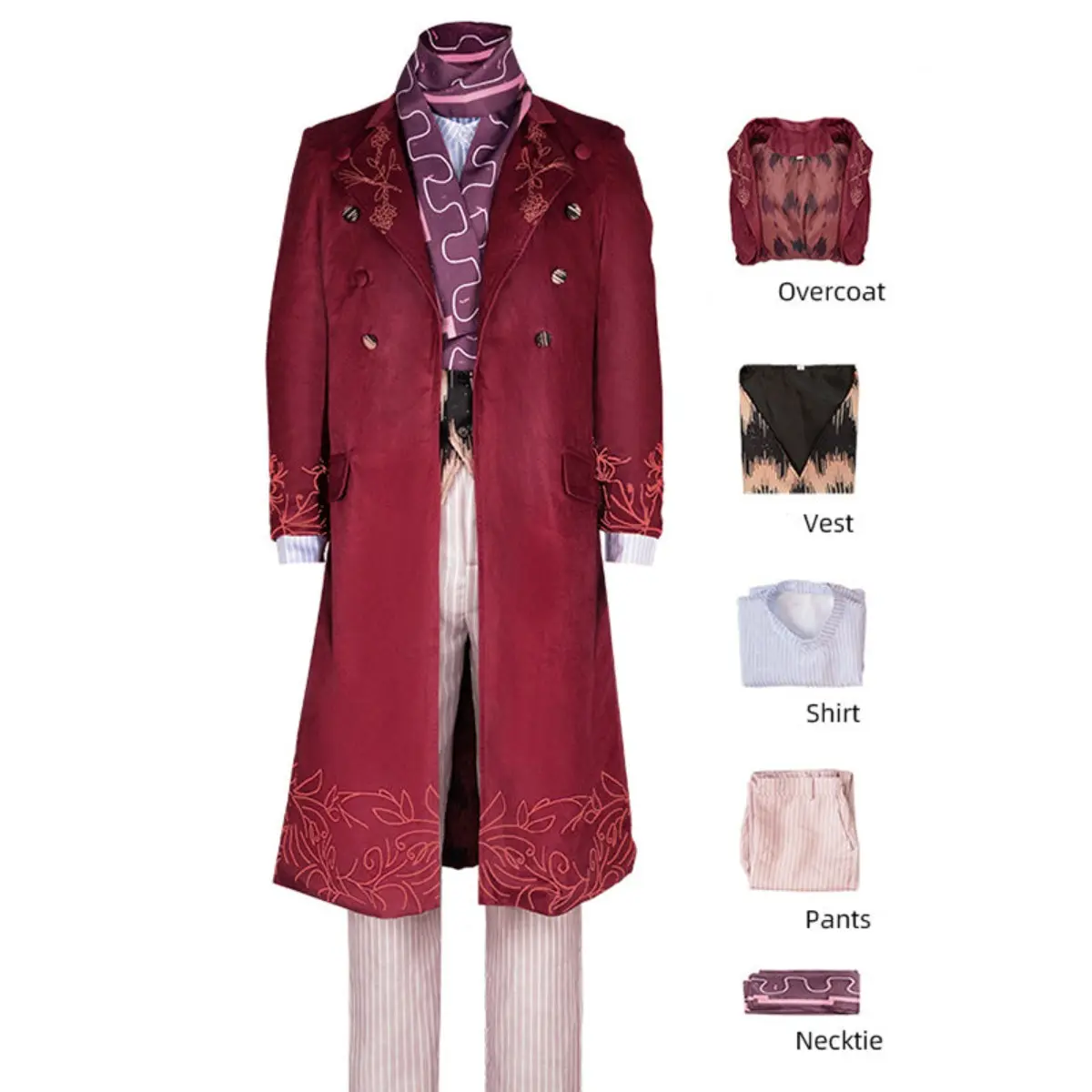 Willy Wonka Cosplay Costume Set Red Coat Vest Shirt Pants Tie for Comic Con Convention