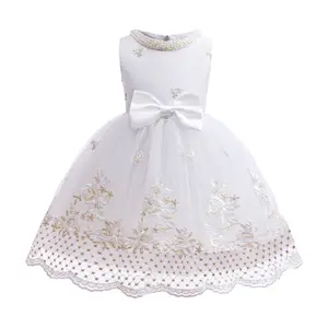 Princess Dress For 100-150 kIDS Pearl Decor Crew Neck Front Bow Splice Floral Embroidery Gauze Summer Party Dress White ZT-4012
