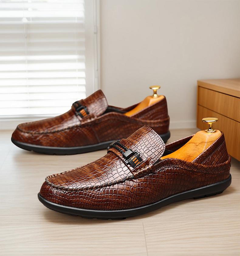 Men's Croc-Embossed Metal Bit Loafers, Black & Brown Formal Slip-On Leather Shoes25328