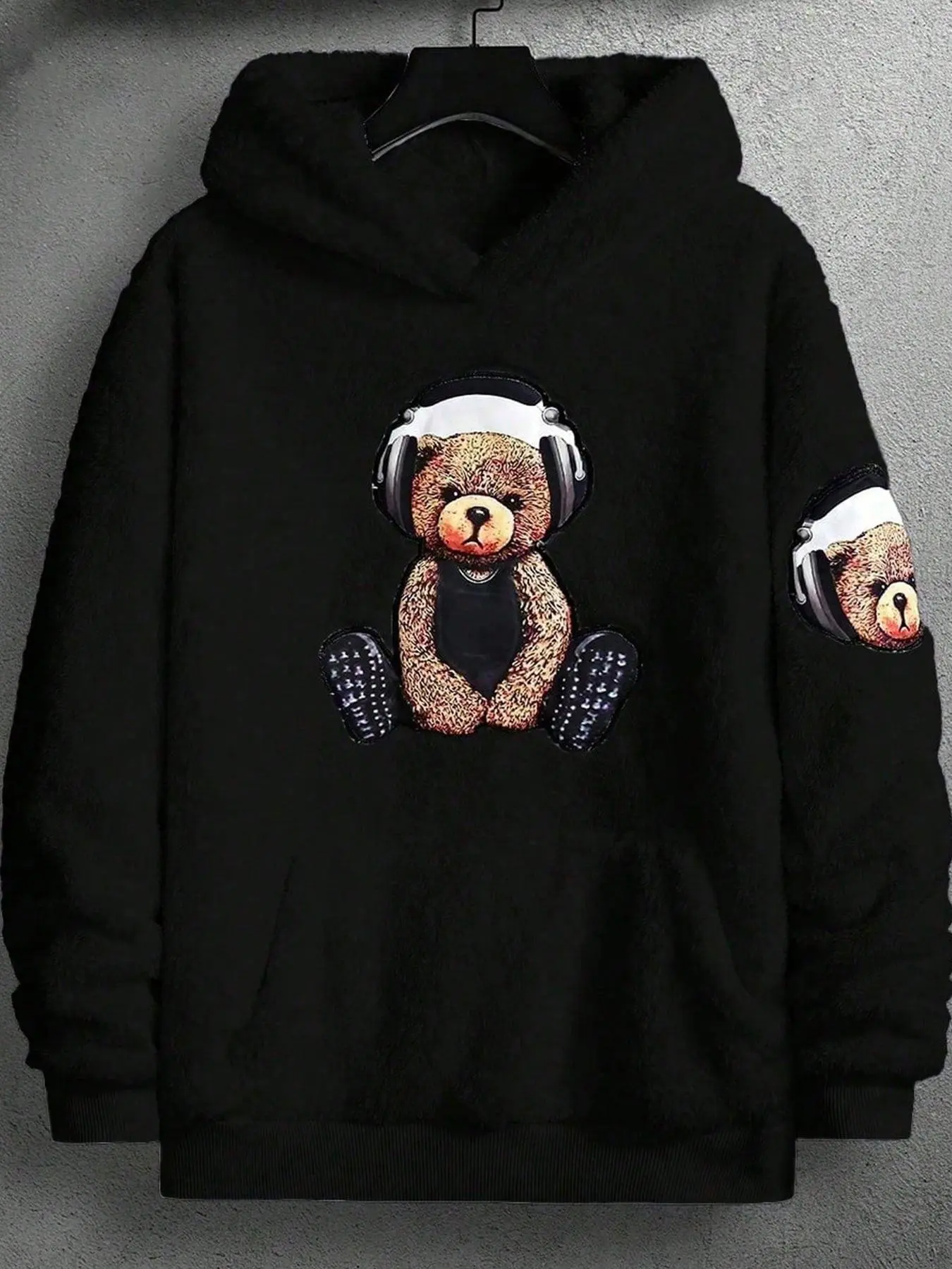 Men's Cartoon Bear Print Pocket Thermal Lined Hoodie, Regular Fit Casual Long Sleeve Hooded Sweatshirt for Fall & Winter, Men's Clothes for Daily Wear