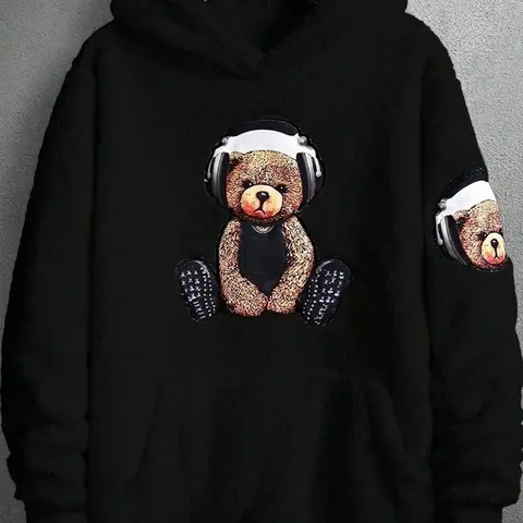 Men's Cartoon Bear Print Pocket Thermal Lined Hoodie, Regular Fit Casual Long Sleeve Hooded Sweatshirt for Fall & Winter, Men's Clothes for Daily Wear