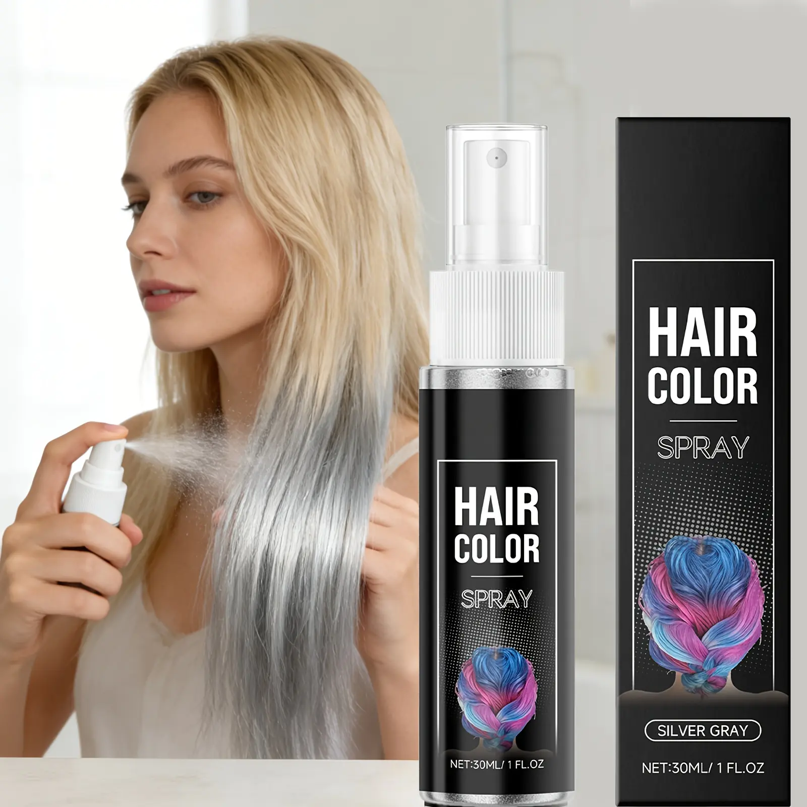Temporary Silvery-gray Hair Dye Spray.Just One Spray to Achieve a Fashionable Silvery-gray Hairstyle.Fills in Sparse Areas, Looks Natural and Beautiful.Easy to Apply and Change.Convenient to Use Anytime and Anywhere.Stylish Look.