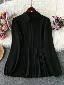 Women's Plus Size Elegant Casual Solid Color Buttoned Long Sleeve Shirt, Blouse, Tops, Pleated Hem, Perfect for Outdoors and Dates, Spring