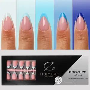 ELLIE YOUNG PRO-TIPS Short Almond Blue Pastel French Tips with Nude Base, 160pc Press-On Nails Kit, Nail Art DIY – 16 Sizes, Matte Gel Acrylic Look, Soft Gel DIY Extensions