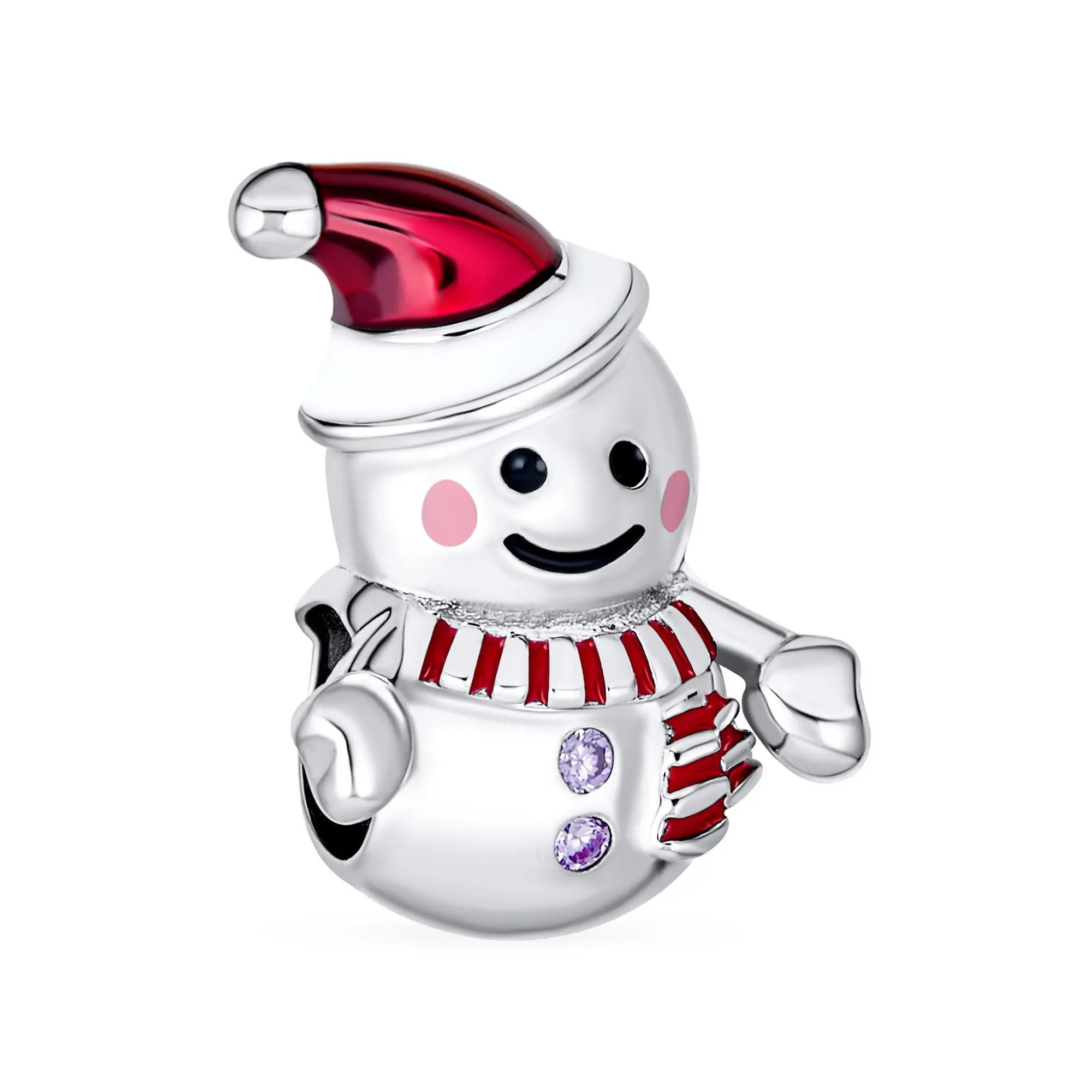 .925 Sterling Silver Winter Holiday Christmas Red Santa Hat Frosty Snowman Bead Charm for Bracelet