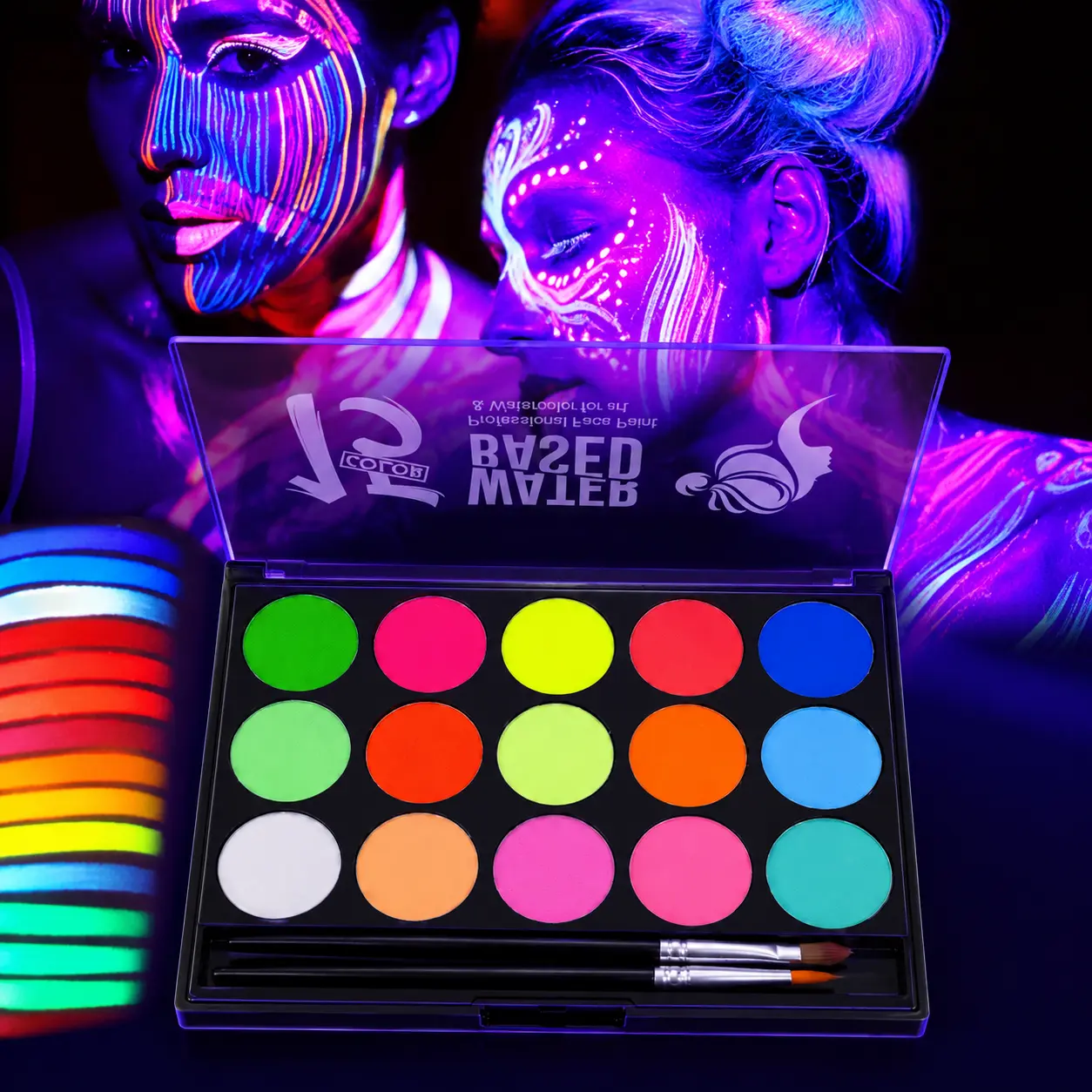 15-Color Neon Glow UV Blacklight Reactive Water-Activated Color Palette, Washable Rave & Festival Outdoor Activity Sports Fan Supplies