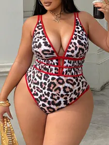 Swim SXY Plus Size Women's Leopard Print Deep V-Neck Sexy Backless One-Piece Swimsuit, Suitable For Beach & Holiday