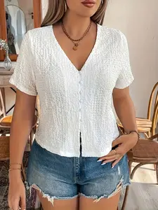 Women's Summer Fashion Button V-Neck Shirt, Loose-Fitting Plain Design, Stylish Casual Wear, Perfect for Daily, Womenswear