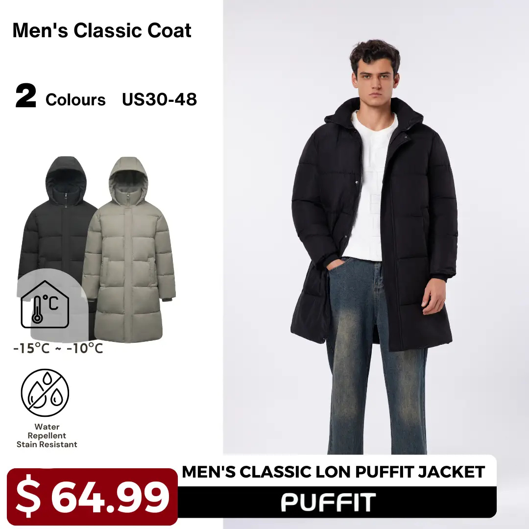 PUFFIT Men‘s Classic Hooded Long Puffer Coat , Long Quilted Outerwear Jacket Big Pocket, Winter Warm Basic Long Sleeve Tops Coat Menswear Beige Casual