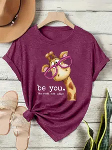 Women's Cartoon Giraffe Print T-Shirt, Womenswear Soft Elastic Round Neck Short Sleeve Top, Casual Summer Spring Tee, Vacation Wear, Comfortable Shirt