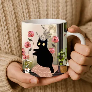 Black Cat Coffee Mug: Cozy Gift for Cat Lover 11 oz Ceramic Cup with Handle Halloween Pumpkin Design Reusable Washable Tumbler for Coffee Tea Hot Cocoa Cold Drinks