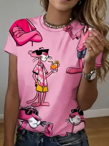Women's short sleeve T-shirt Pink Panther Wearing Sunglasses Holding Cocktail 3D full-width printing spring and summer fashion trend exercise women's soccer jersey girl floral print elegant commuting spring autumn