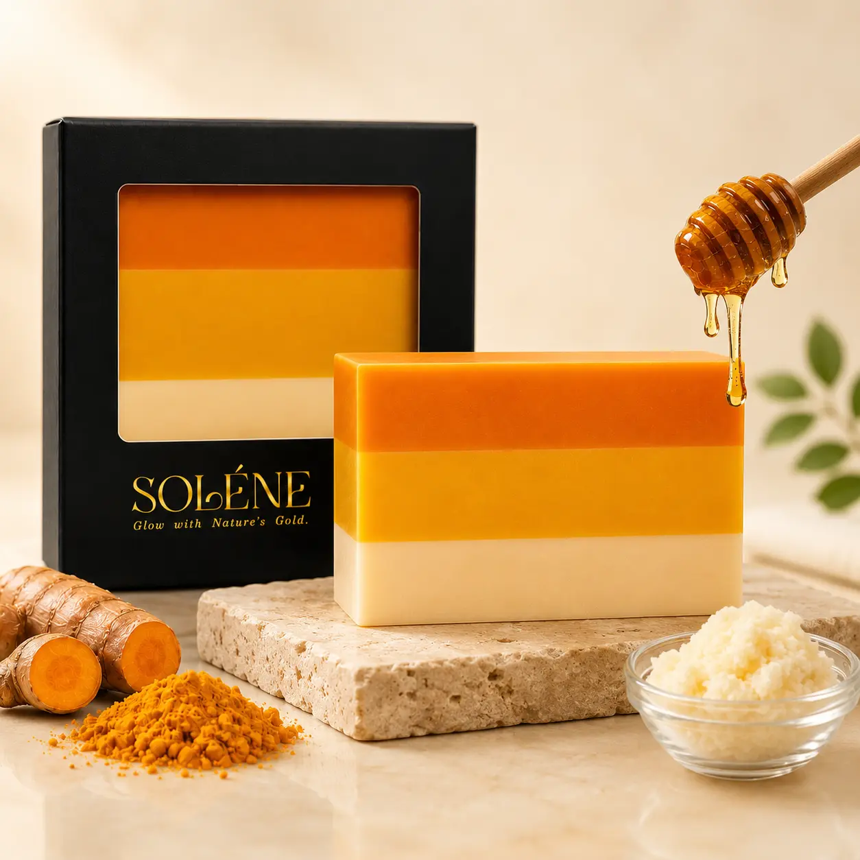 Soléne Turmeric & Kojic Acid Cleansing Bar with Honey and Shea Butter – Brightening Face & Body Soap for Uneven-Looking Skin