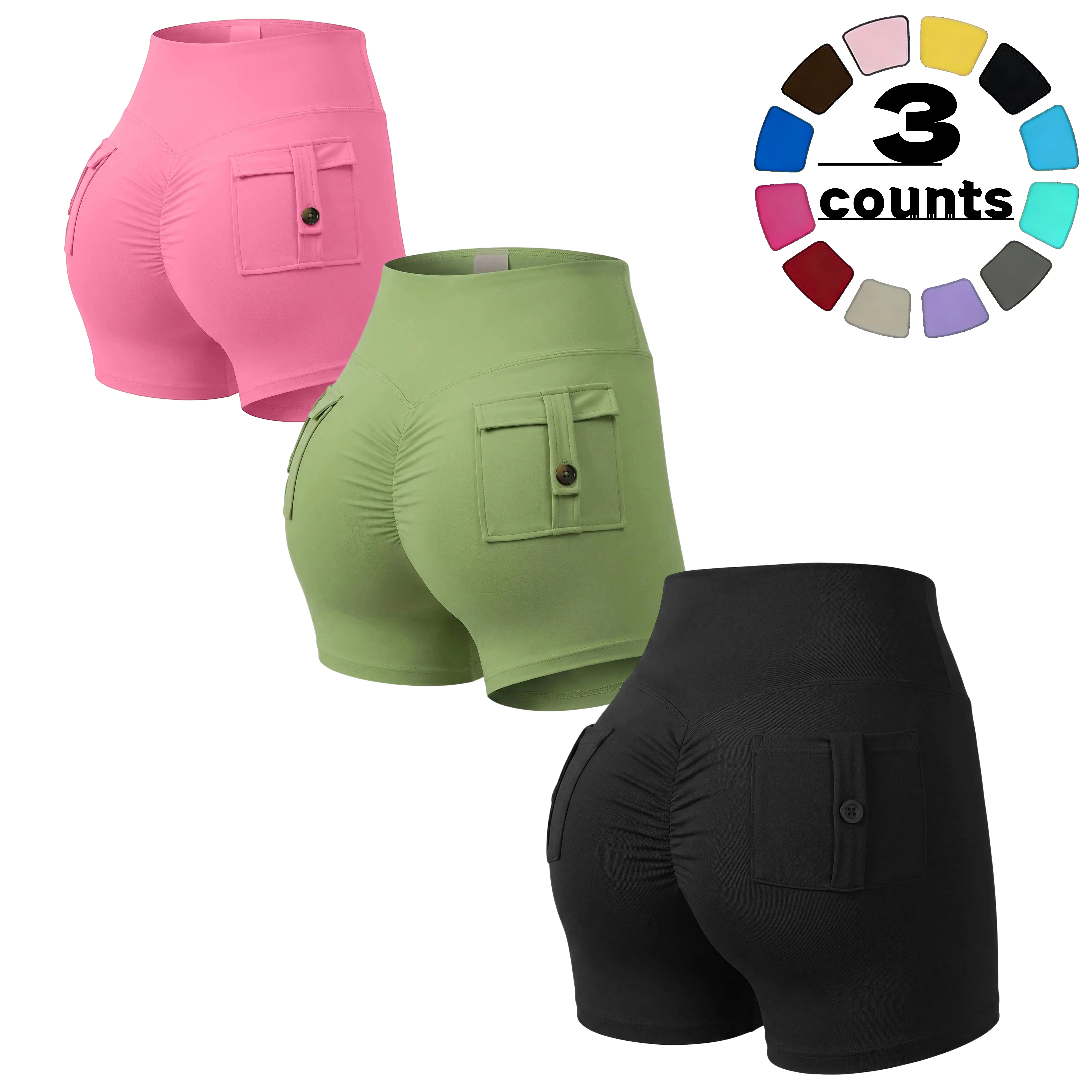 Women's 3-Pack High Waist Yoga Shorts, Seamless Butt-Lifting Compression Stretch Shorts with Pockets for Workout & Athleisure, Athleisure Casual Shorts