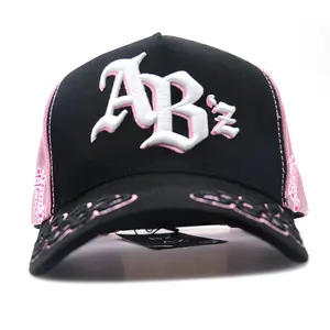 Gothic Style Trucker Hat with 3D Letter Embroidery, Pink Mesh Sides, Chinese Character & Floral Pattern, Hip Hop Accessory