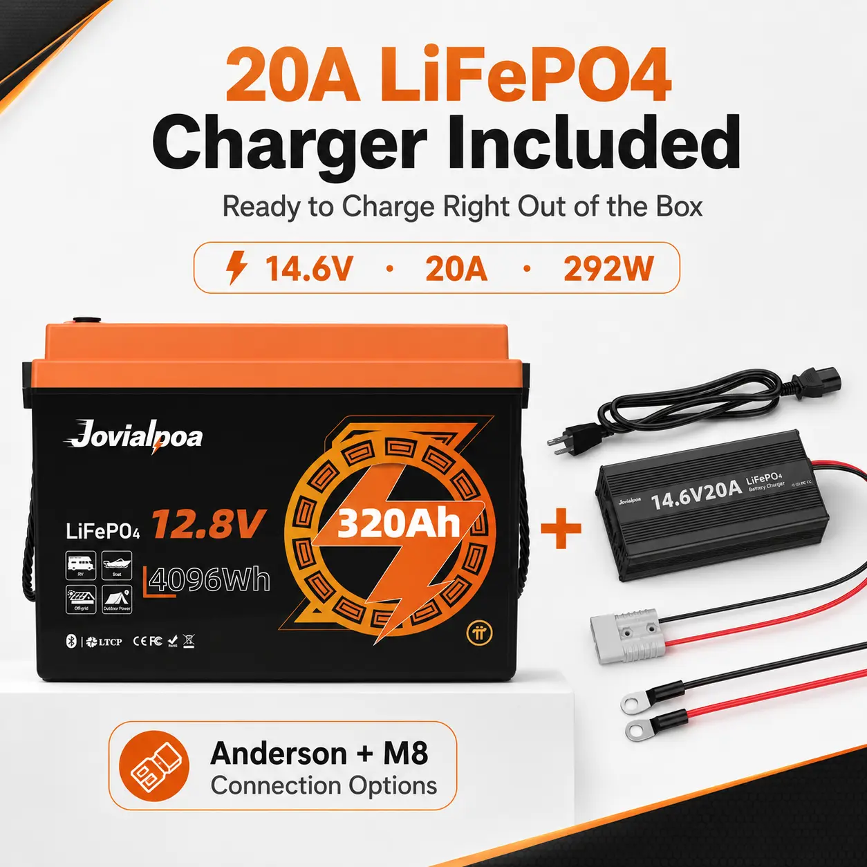 320Ah 4096Wh High Capacity LFP Battery with 20A Charger, Bluetooth 5.0 200A Smart BMS Lifepo4 Power Supply for RV Camping Solar Off-Grid System