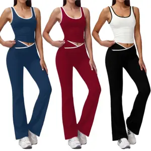 Women's 2-Piece Set High-Waisted Flared Pants & Breathable Tank Comfortable Athletic Outfit for Yoga