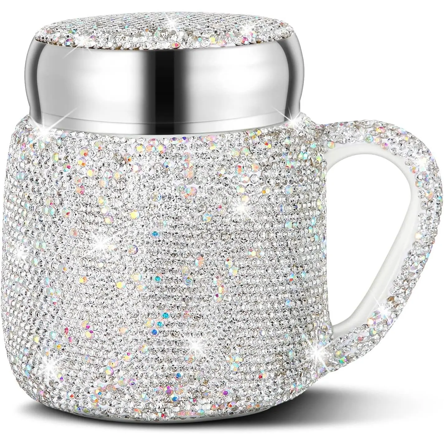 Women's Reusable Bling Rhinestone Ceramic Coffee Mug - 13.5 oz White Drinkware with Lid, Handle, Washable Portable Travel Cup for Office Use, Christmas Gift Container