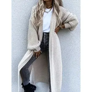 Plus Size Solid Color Long Sleeve Open Front Knitted Sweater Cardigan, Casual Cardigan for Women, Women’s Plus Size Clothing for Fall & Winter