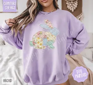 Faux Quilted Bunny Sweatshirt Comfort Colors, Trendy Women's Crewneck