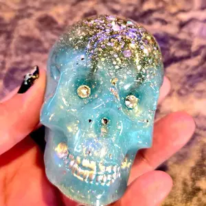 Sparkle Skull Figurine – Blue Glitter Skull Decor Handmade From Resin With Rhinestone Accents