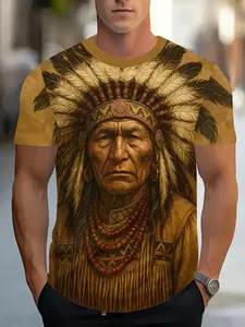 Men's Native American Chief T-Shirt, Fitted, Bold Design, Festival Party Casual Wear, High-Quality Print