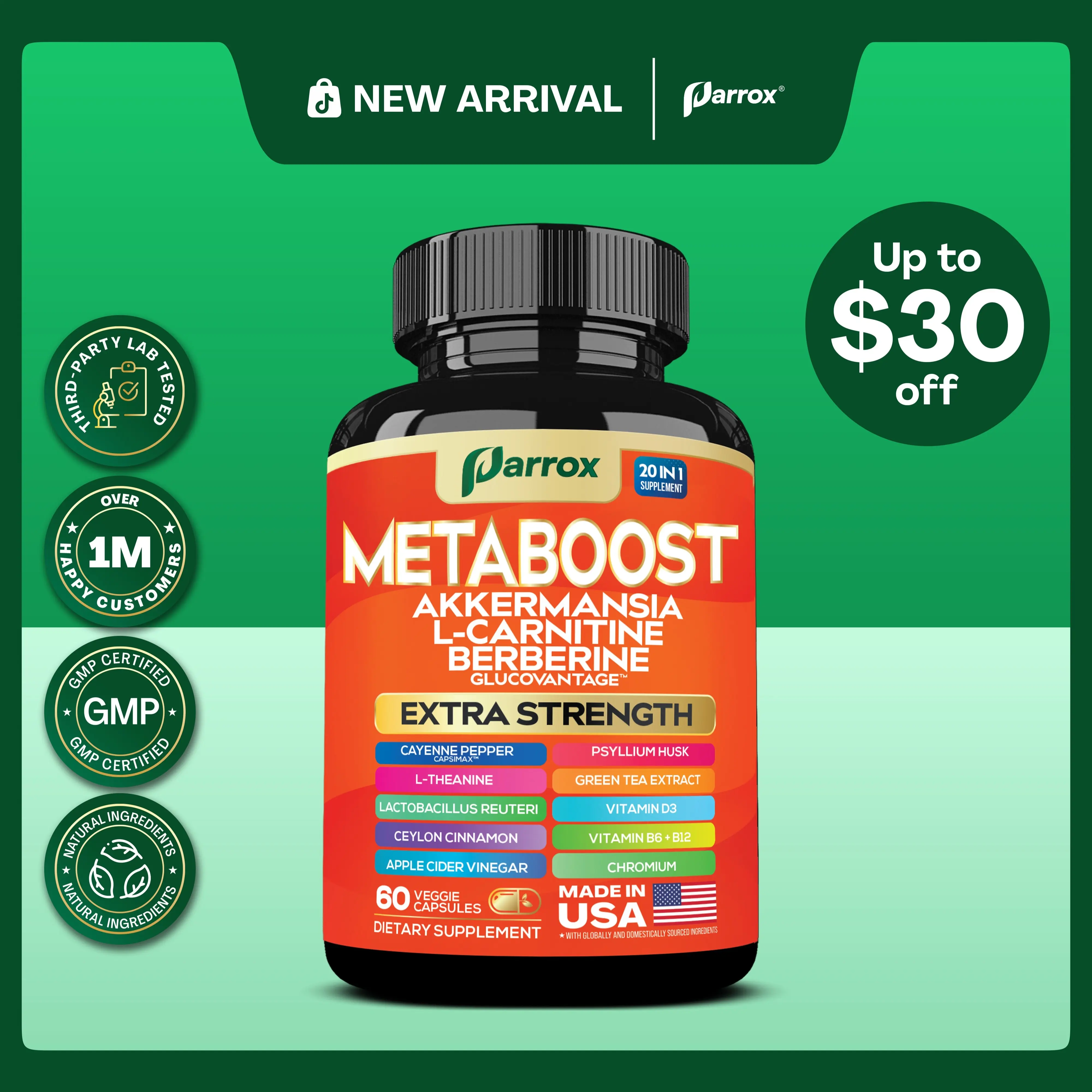 Parrox Metaboost - Natural Metabolism Supplement with Berberine, L-Carnitine, L-Theanine & 20+ Extra Strength Ingredients - Fitness, Balanced Gut, & Digestive Health - Made in USA