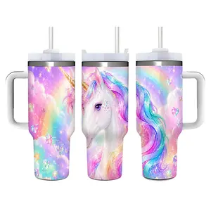 40oz Rainbow Unicorn Glitter Design Stainless Steel Tumbler， Tumbler with Handle and Straw Double Wall Vacuum Insulated Travel Mug， Coffee Cups With Lids， Perfect Gifts For Birthday Holidays