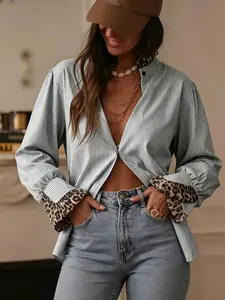 Plus size women's fashionable versatile striped color-block leopard print stand collar shirt, suitable for summer, daily work, and casual wear