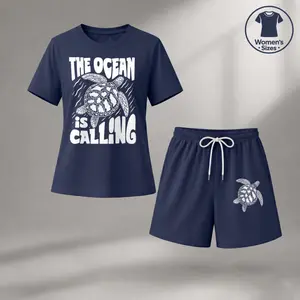 Women’s Sea Turtle Graphic T-Shirt and Shorts Set, Casual 2-Piece Summer Outfit for Women, Short Sleeve Crew Neck Tee & Drawstring Shorts Matching Lounge Set, Beach Vacation Activewear for Travel, Resort Wear & Everyday Casual Style
