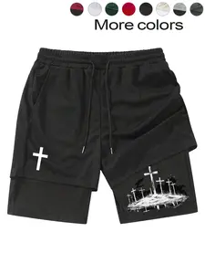 Men's Regular Fit Cross Print Graphic Shorts, Casual Athletic Comfy Breathable Fitted Knit Shorts for Summer, Men's Bottoms for Daily Wear