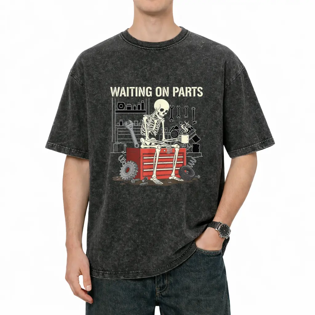 Men's Waiting On Parts Funny Skeleton Print Cotton T-Shirt - Auto Mechanic Technician Streetwear Apparel, Short-Sleeve, Vintage Casual Summer Trendy Comfort Top