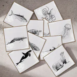 10/30/50PCS PBS Provence Square Tile Stickers, PVC Thickened Crystal Film Vintage Black & White Marine Life Sketch Waterproof Oil-Proof Peel & Stick for Kitchen Bathroom Home Decor