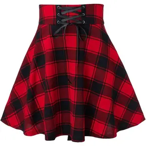 Women’s High Waisted Plaid Pleated Mini Skater Skirt - Gothic Punk, Casual, Lightweight Adjustable Fabric - Cute 2026 Club Outfit