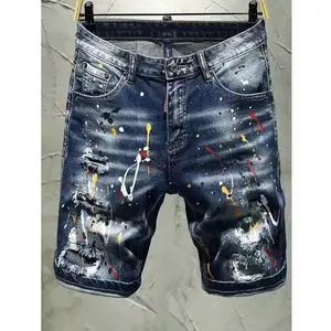 Elastic Slim Fit Trendy Ripped Patch Denim Shorts Men's Paint Graffiti Five-point Fashion Brand Personalized Youth Mid-pants Graphic Jeans