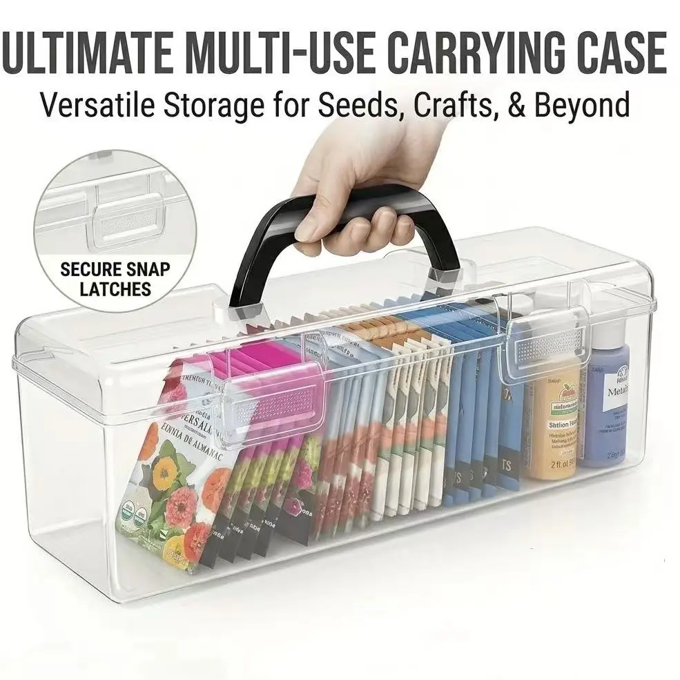 Transparent Plastic Seed Storage Box with Handle – Portable Seed Organizer for 100+ Seed Packets, Durable Rectangular Gardening Storage Case, Lightweight Seed Packet Container for Garden Supplies, Outdoor Planting Accessories & Home Organization