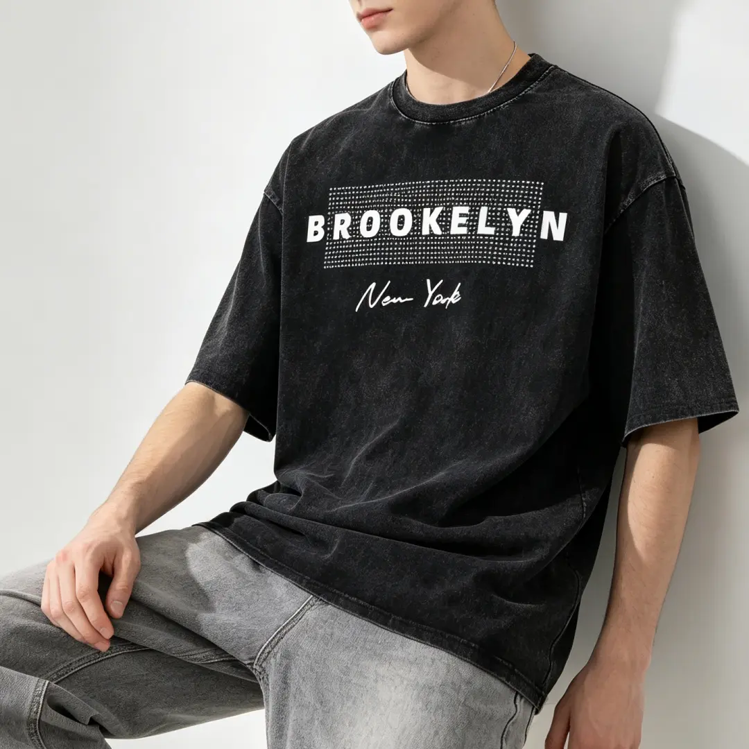 Men's Vintage Streetwear Thick Heavyweight Cotton Print T-Shirt - Baggy Loose-Fitting Drop Shoulder, Acid Washed, Brooklyn NY Graphic Short-Sleeve Top, Casual Daily City Style Gift for NYC Culture Lovers, Menswear, Anyone Who Loves Nyc Culture