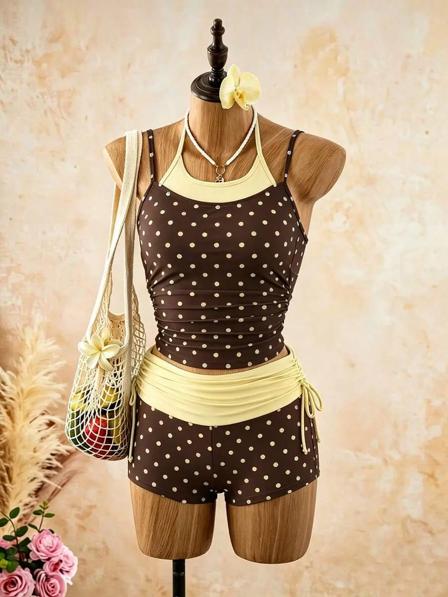 YESS Women's 2-Piece Vintage Polka Dot Print Spaghetti Strap Tank Top And Drawstring Shorts Bikini Set Set, Suitable For Summer Beach Vacation
