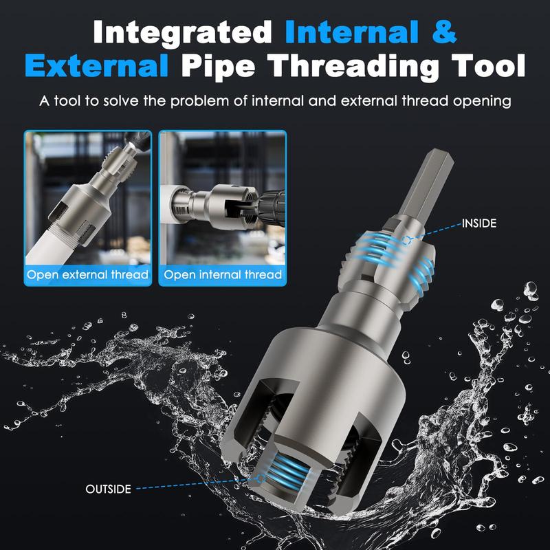 2PCS Integrated Internal & External Pipe Threading Tool with 1/2'' & 3/4'' Dies, Electric Drill Compatible 2 in 1 Pvc Pipe Threader Kit, Dual-Function Pipe Thread Cutting Tool
