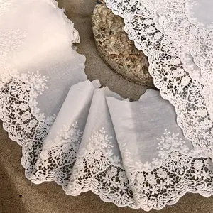 Embroidered cotton Lace trim 7,5-14 inches (19-35 cm) wide for Bridal, Crochet, Home Decor. Natural Off white Lace trim fabric for eyelets