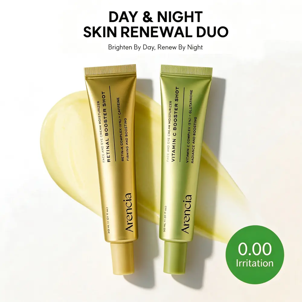[Arencia] Korean Skincare Day Night Skin Renewal Duo Set - 30ml Vitamin C Serum + 30ml 2% Retinal Booster Shot, Dark Spot Brightener, Pore Minimizer, Anti-Aging, Non-Irritating Glass Skin Moisturizer Kit