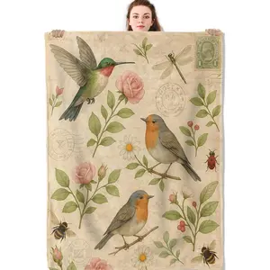 Vintage Bird Floral Blanket, Botanical Nature Flannel Throw Blankets, Soft Warm Lightweight Fuzzy Cozy Throws for Couch Bed Sofa Camping Decorative Gifts for Women Teen Girls, Beige