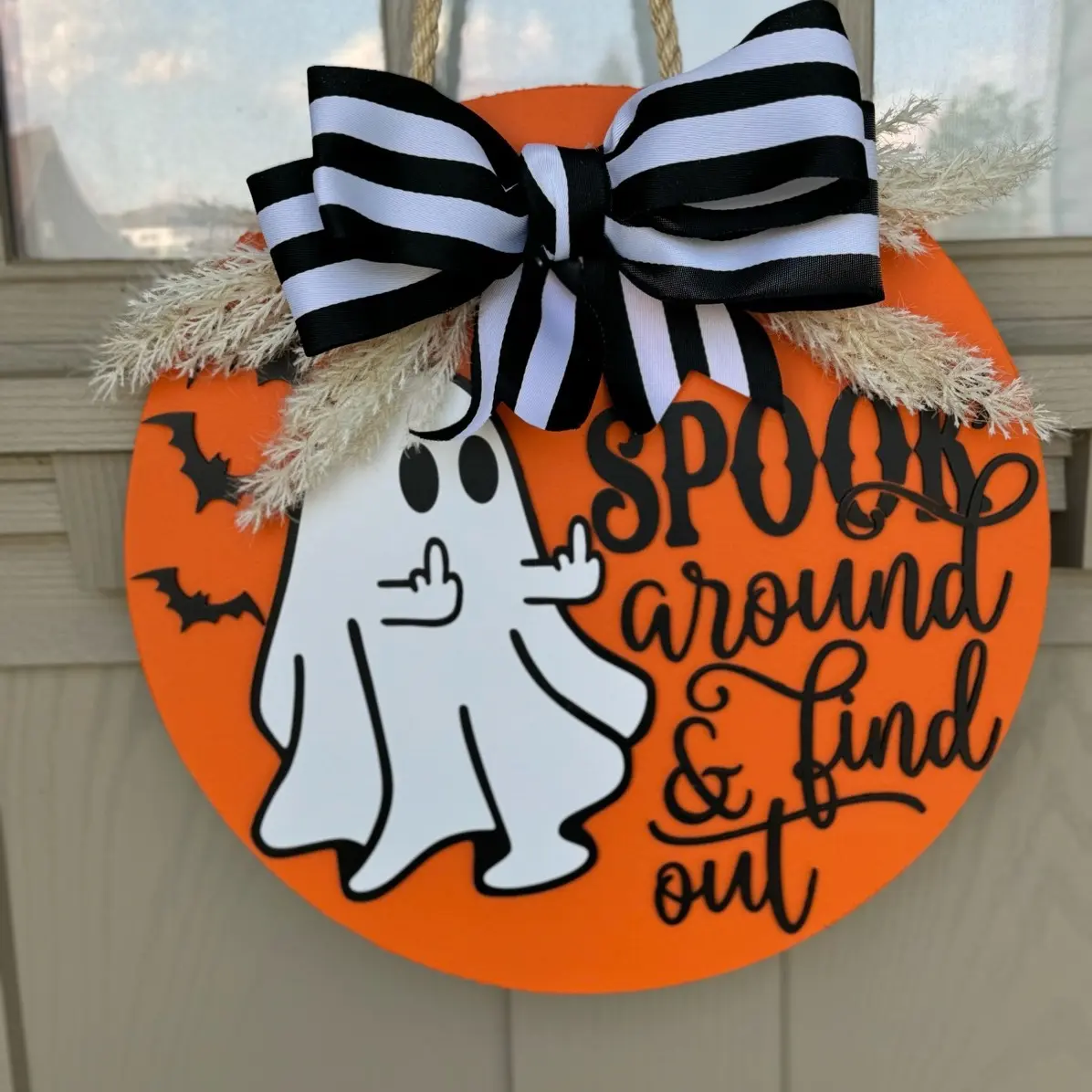 Spook around and find out hanger Decor Hanging Door Circle Spooky Wood Hangable Wooden doorhangers of doorsigns Matte Ornaments Decoration