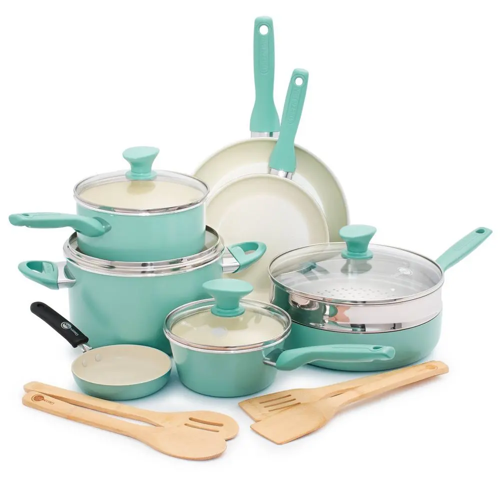 GreenPan Rio 16pc Ceramic Nonstick Cookware Set Turquoise: Pans & Pot Set Glass Lids Dishwasher & Oven Safe Non-Induction