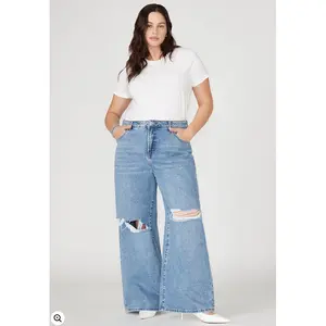 ELOQUII Women's The Yvette Rigid Wide Jean - Medium Wash Distress