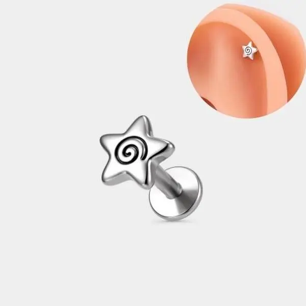 Oufer 16G Stainless Steel Swirl Star Helix Cartilage Ear Piercing Bar Length 6mm Flat Back Internally Threaded Stud